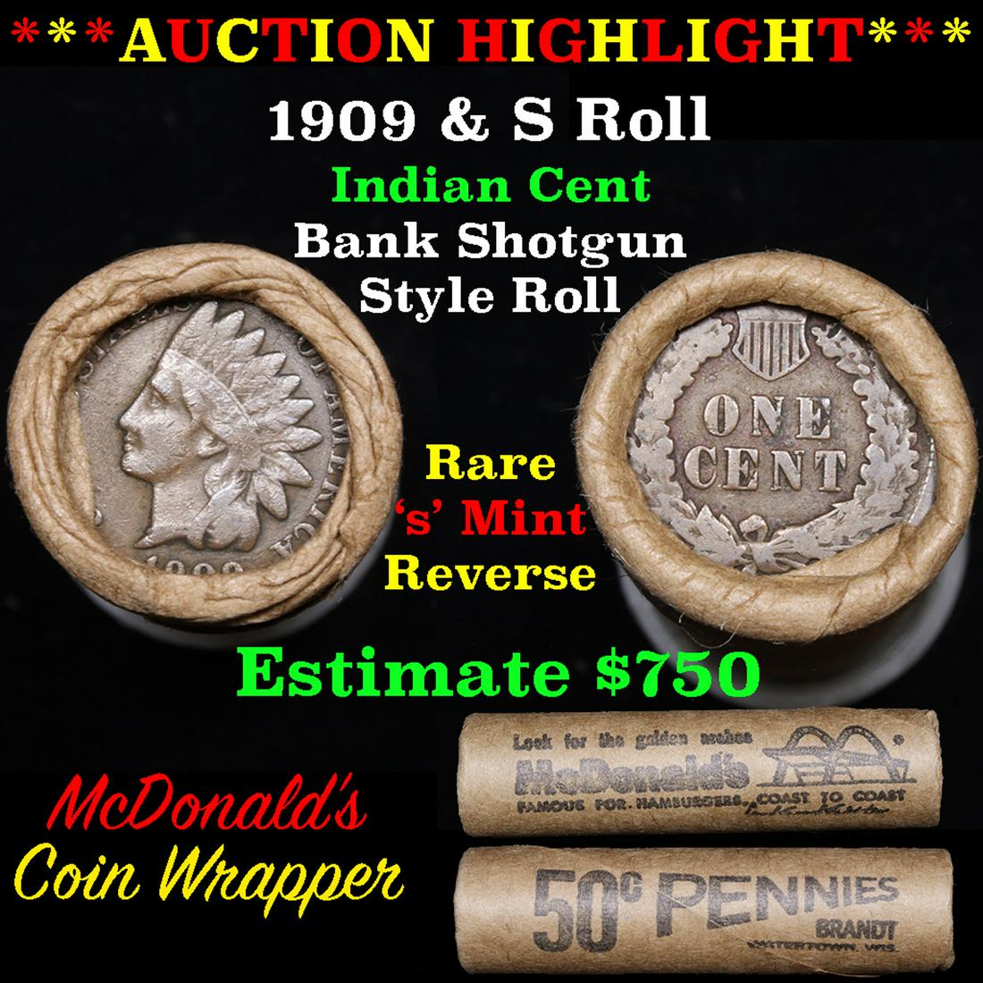 Indian 1c Shotgun Roll, 1909 end, KEY date 's' mint on (1 of 5)