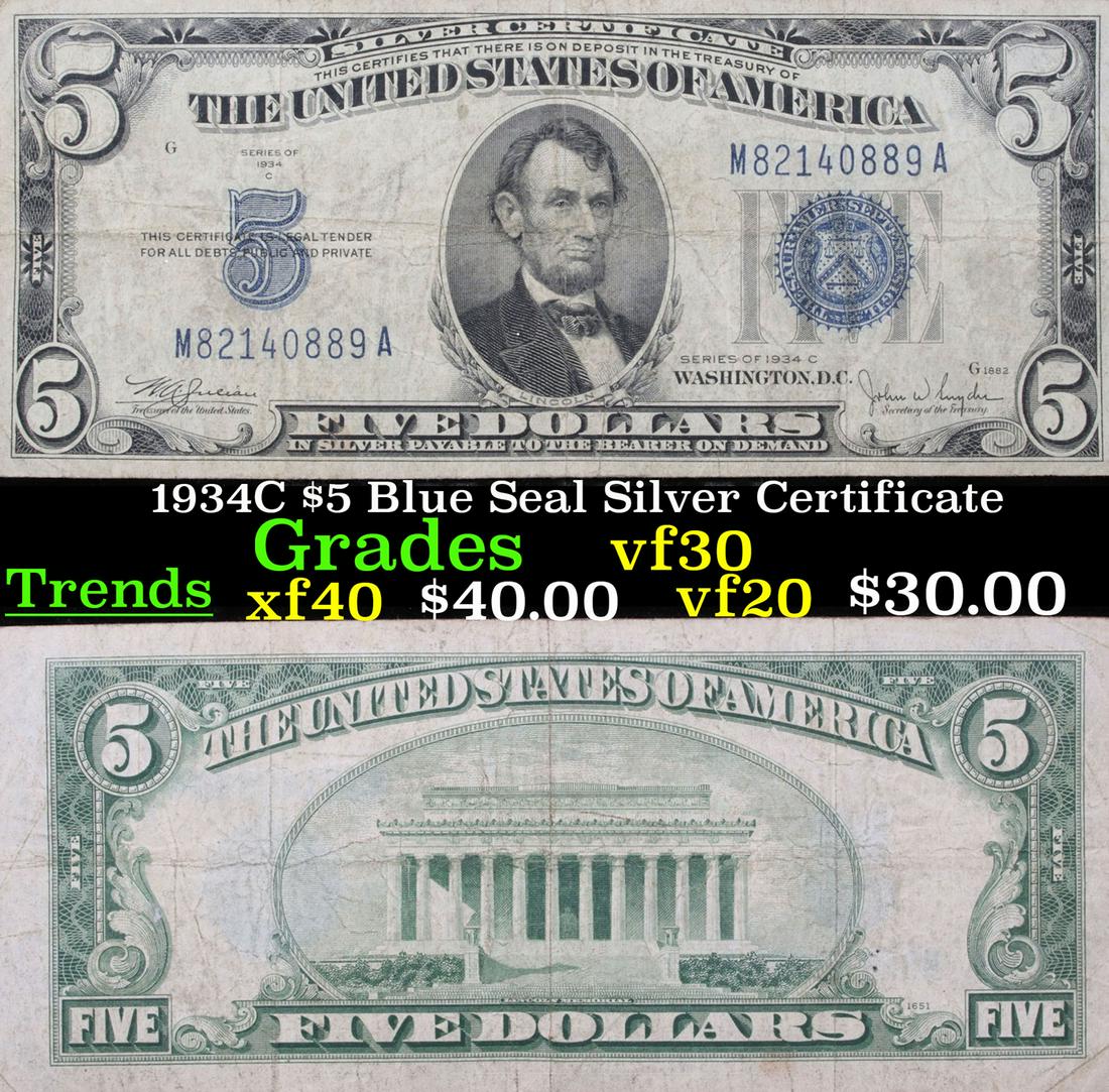 1934C $5 Blue Seal Silver Certificate Grades vf++ (1 of 3)