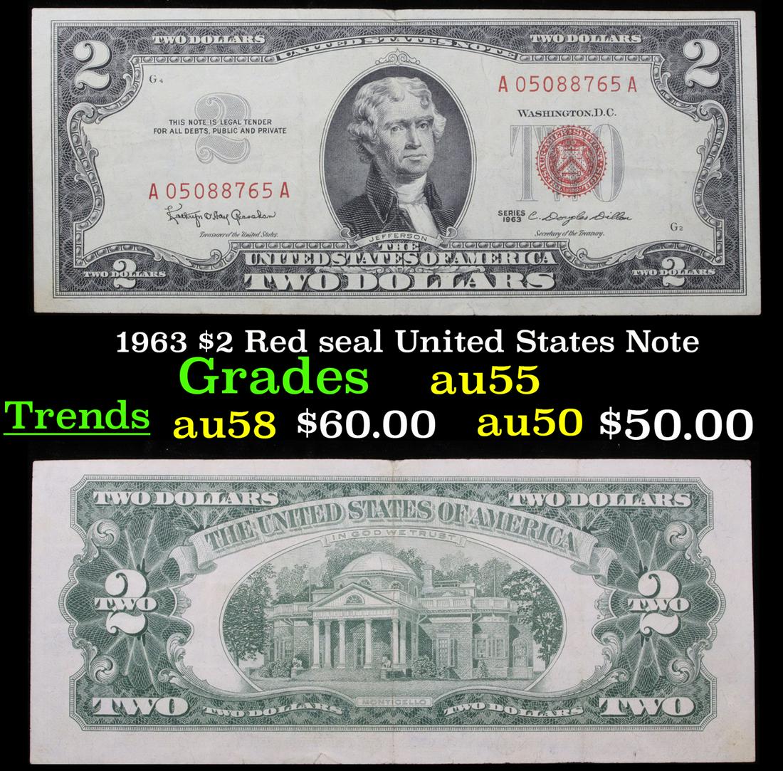 1963 $2 Red seal United States Note Grades Choice AU: 1963 $2 Red seal United States Note Grades Choice AU. 1953 red print two dollar bills can be broken up into four different types by signature combination. This bill has signatures Priest/Humphrey1953