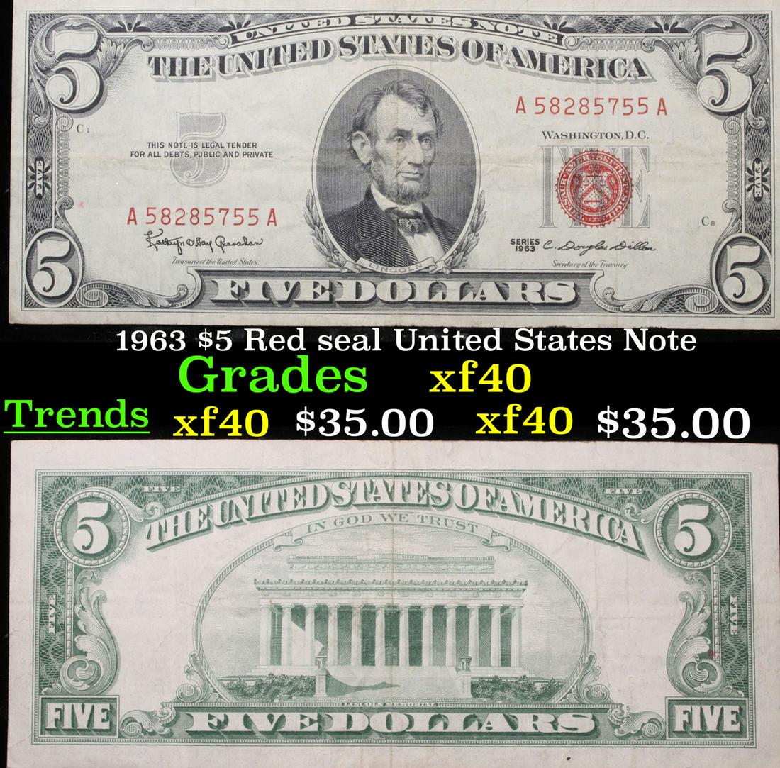 1963 $5 Red seal United States Note Grades xf (1 of 3)