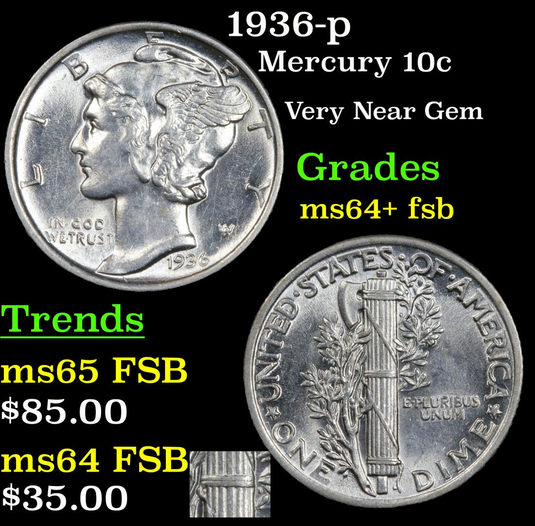 1936-p Mercury 10c Grades Choice Unc+ FSB (1 of 5)