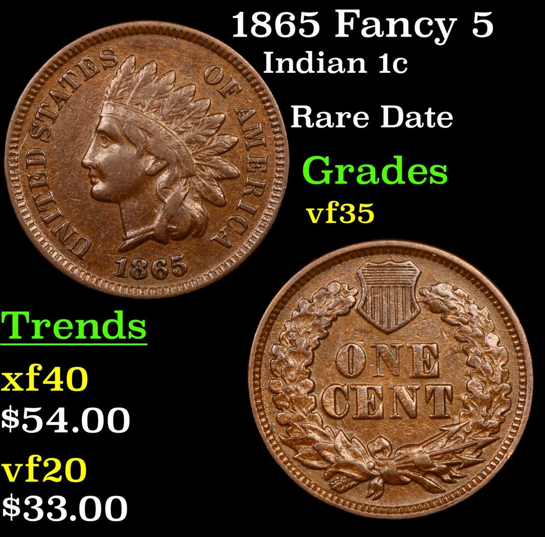 1865 Fancy 5 Indian 1c Grades vf++ (1 of 3)