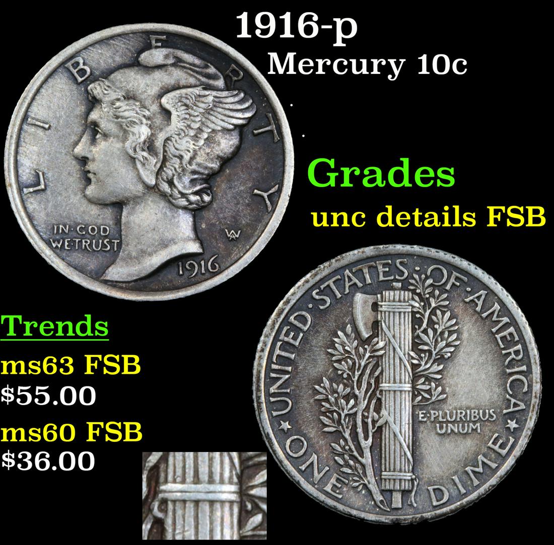 1916-p Mercury 10c Grades Unc Details FSB (1 of 5)