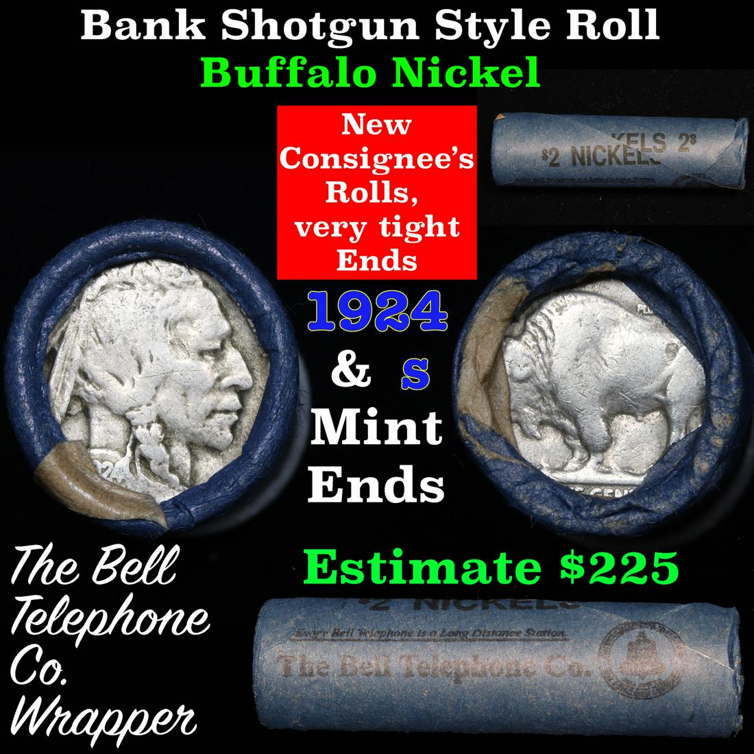Buffalo Nickel Shotgun Roll in Old Bank Style 'Bell: Buffalo Nickel Shotgun Roll in Old Bank Style 'Bell Telephone' Wrapper 1924 & s Mint Ends. The roll is held in an old, rare "Bell Telephone Co." Bank style wrapper. This is the Bell Telephone logo fro