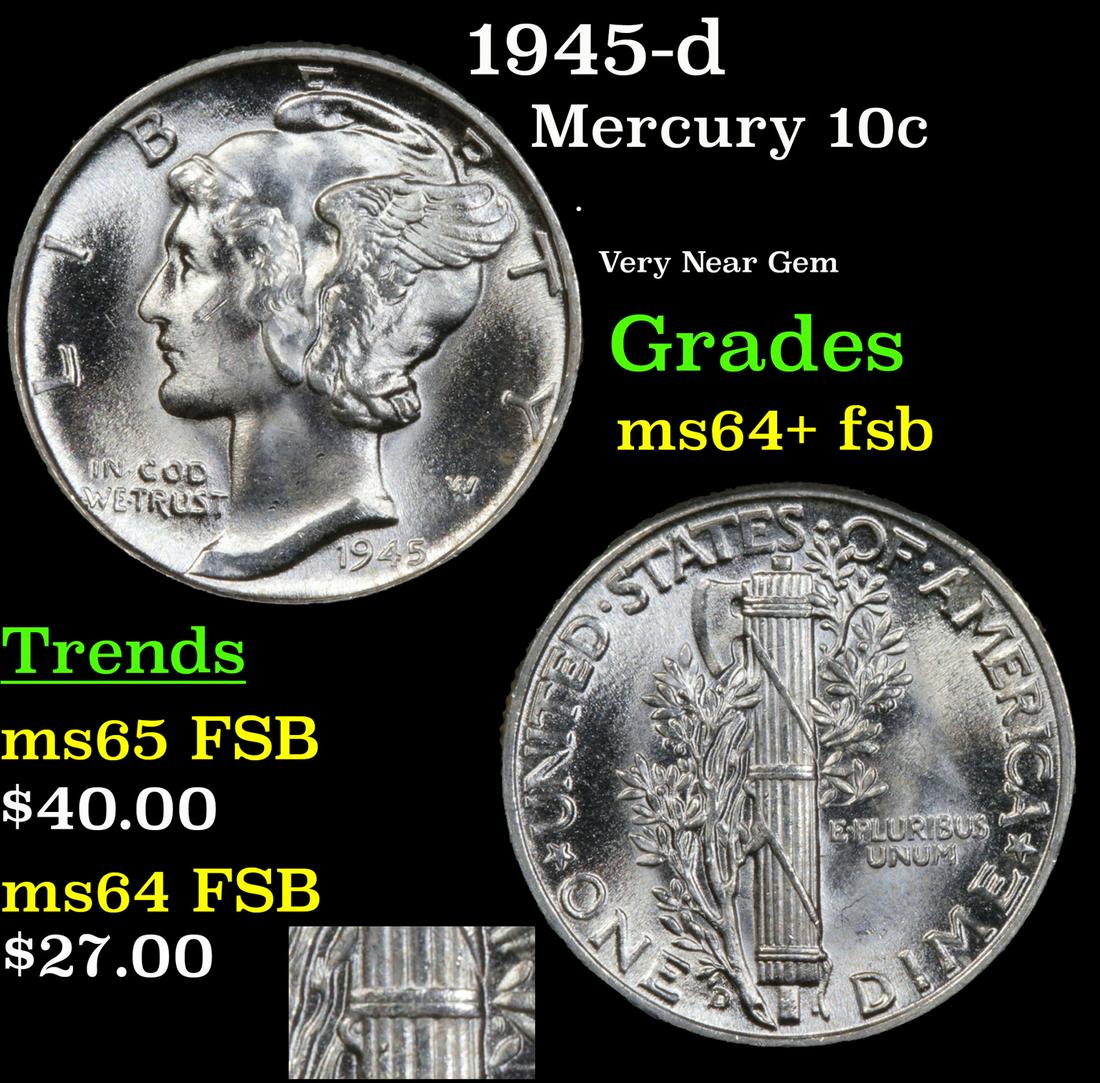 1945-d Mercury 10c Grades Choice Unc+ FSB (1 of 5)