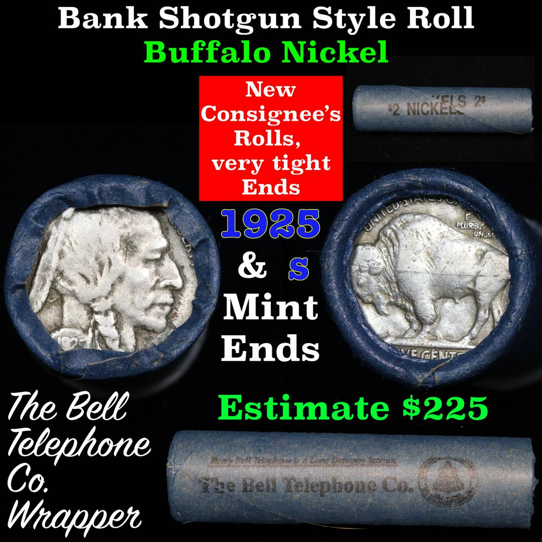 Buffalo Nickel Shotgun Roll in Old Bank Style 'Bell: Buffalo Nickel Shotgun Roll in Old Bank Style 'Bell Telephone' Wrapper 1925 & s Mint Ends. The roll is held in an old, rare "Bell Telephone Co." Bank style wrapper. This is the Bell Telephone logo fro
