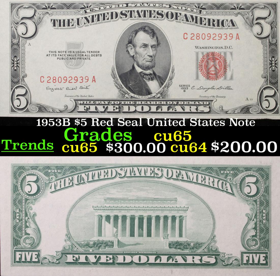 1953B $5 Red Seal United States Note Grades Gem CU (1 of 3)