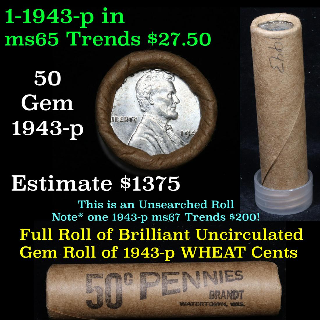 Uncirculated Shotgun Lincoln 1c roll, 1943-p Steel cent (1 of 5)