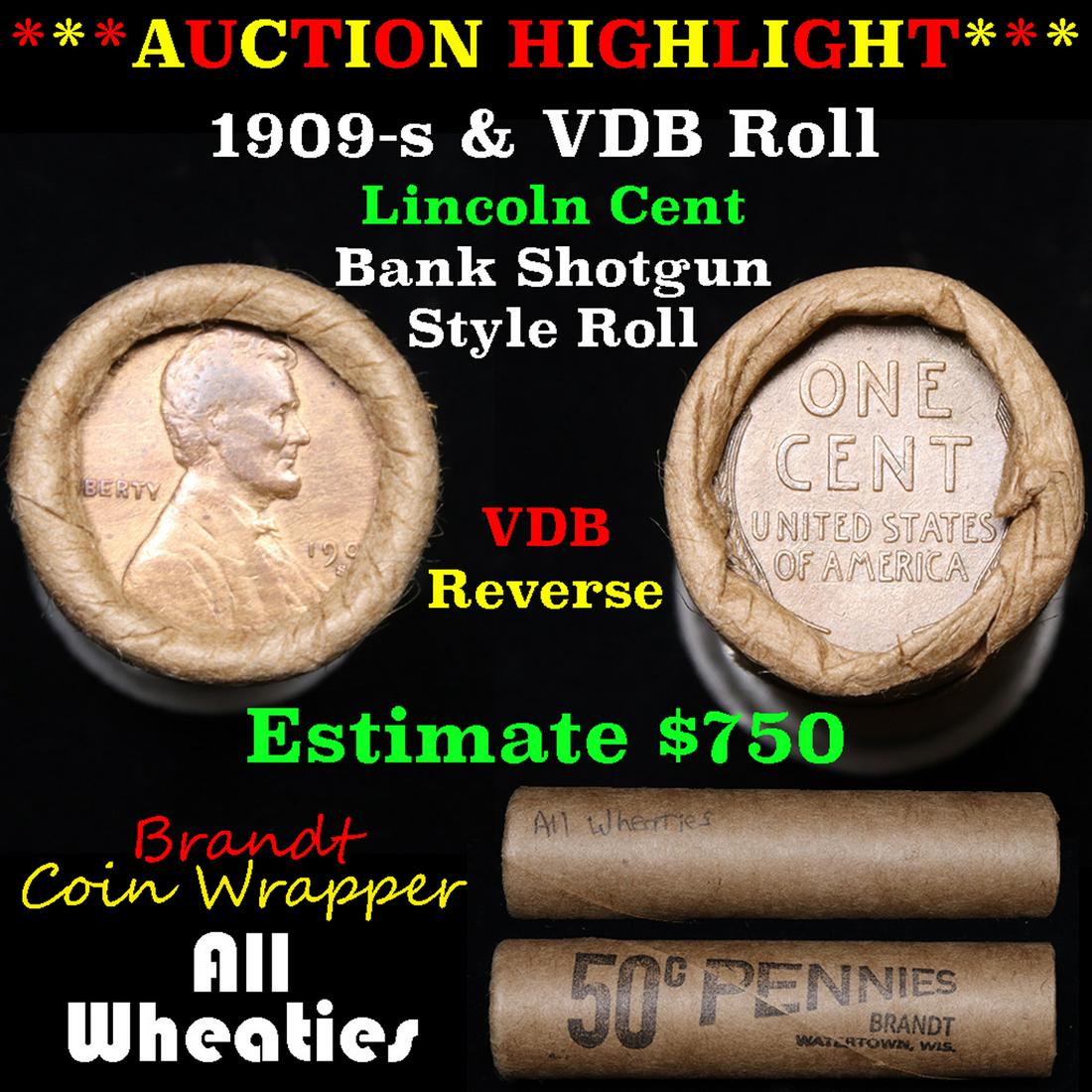 Lincoln Wheat cent 1c orig roll, 1909-s end, VDB other (1 of 5)