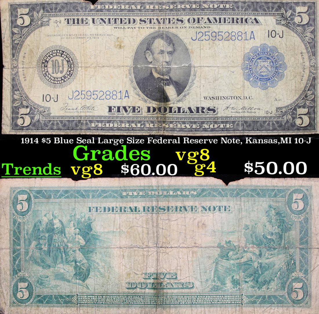 1914 $5 Blue Seal Large Size Federal Reserve Note, (1 of 3)
