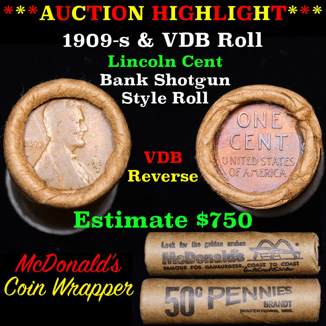 Lincoln Wheat cent 1c orig roll, 1909-s end, VDB other (1 of 5)