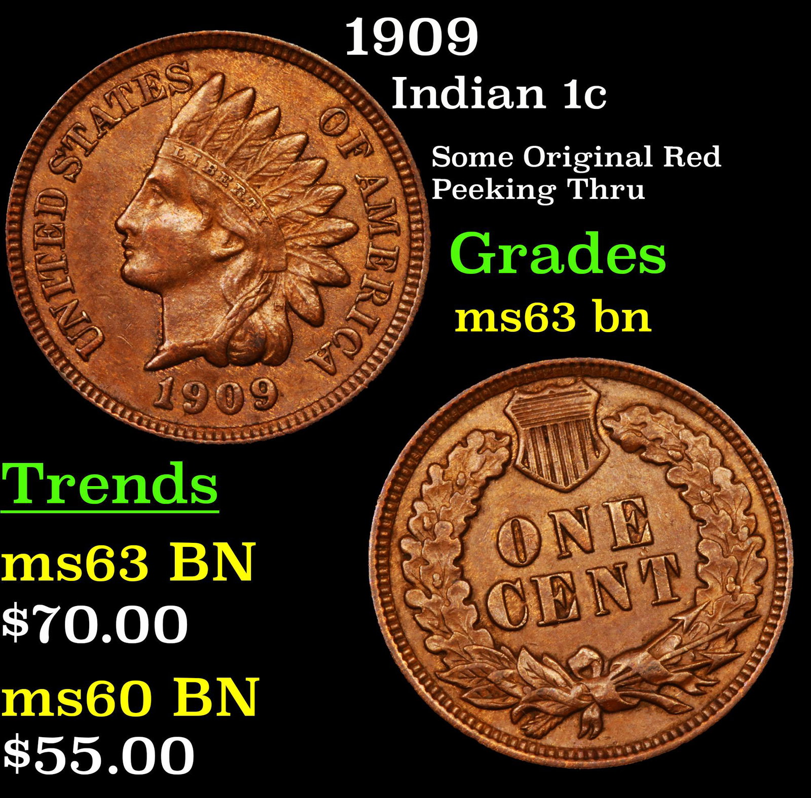 1909 Indian 1c Grades Select Unc BN (1 of 3)