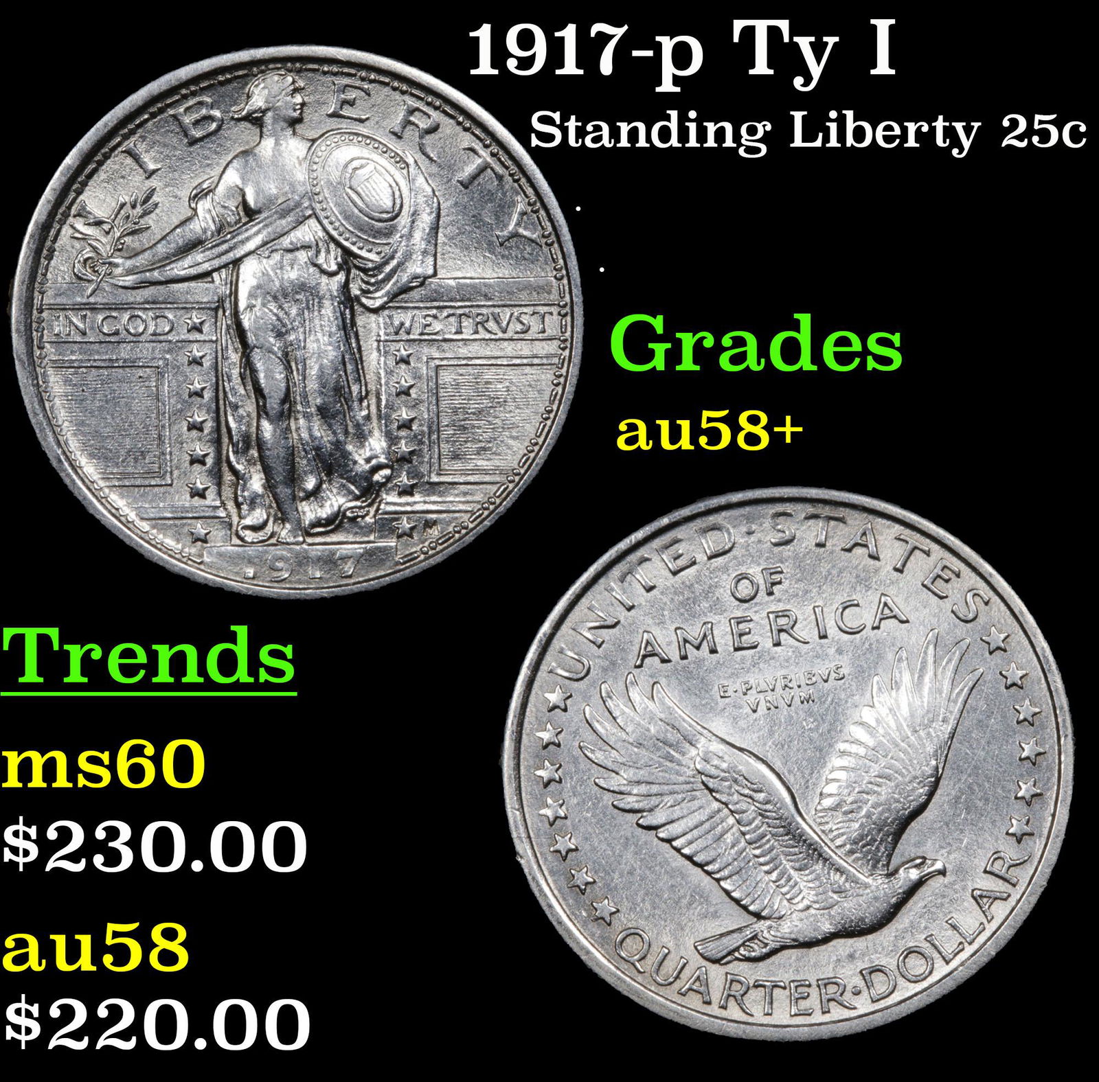 1917-p Ty I Standing Liberty 25c Grades Choice AU/BU (1 of 3)