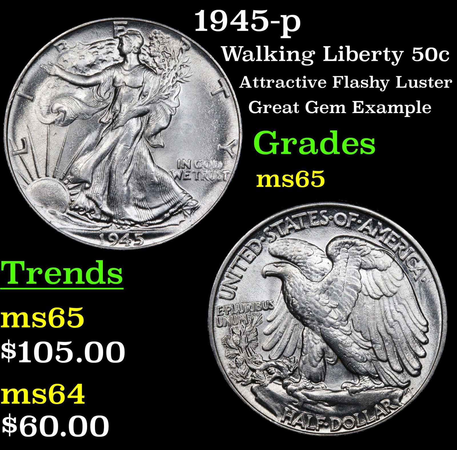 1945-p Walking Liberty 50c Grades GEM Unc (1 of 3)