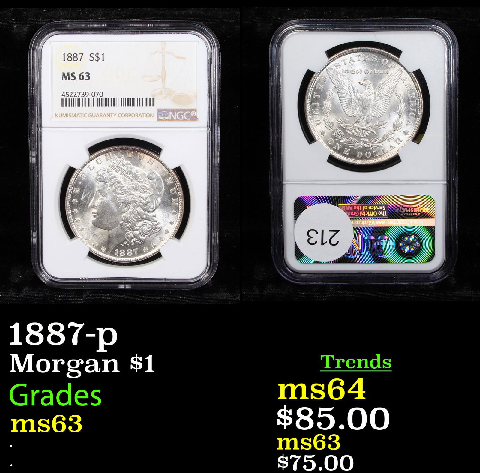 1887-p Morgan $1 Graded ms63 (1 of 3)
