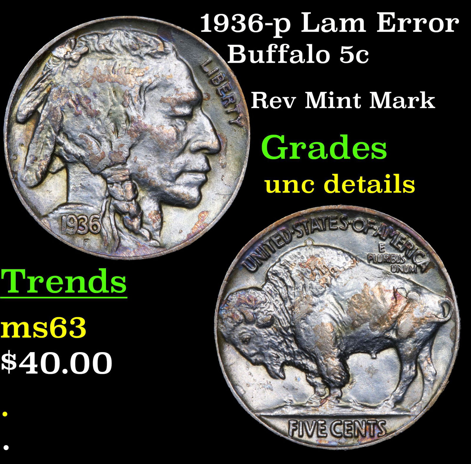 1936-p Lam Error Buffalo 5c Grades Unc Details (1 of 3)