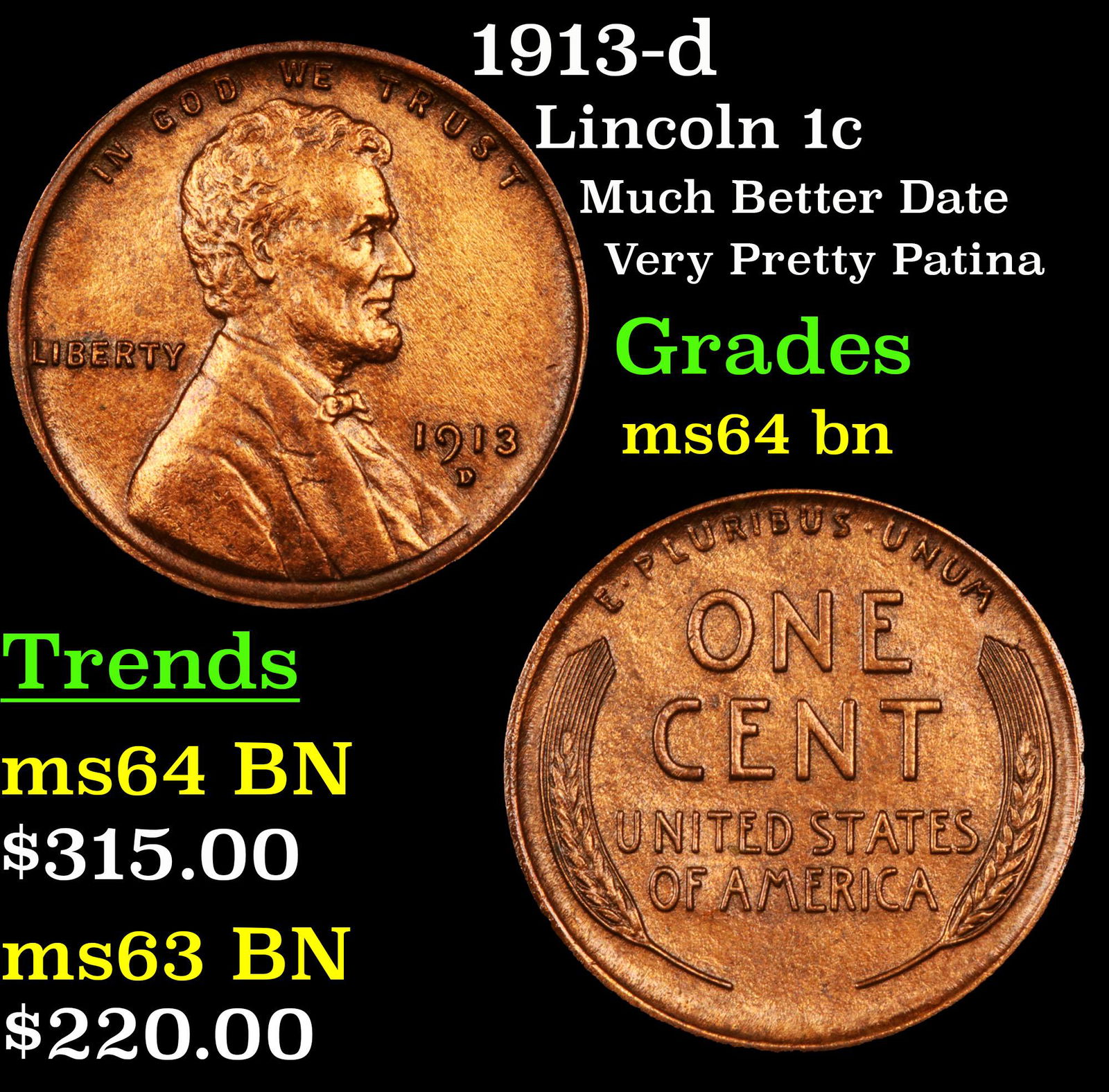 1913-d Lincoln 1c Grades Choice Unc BN (1 of 3)