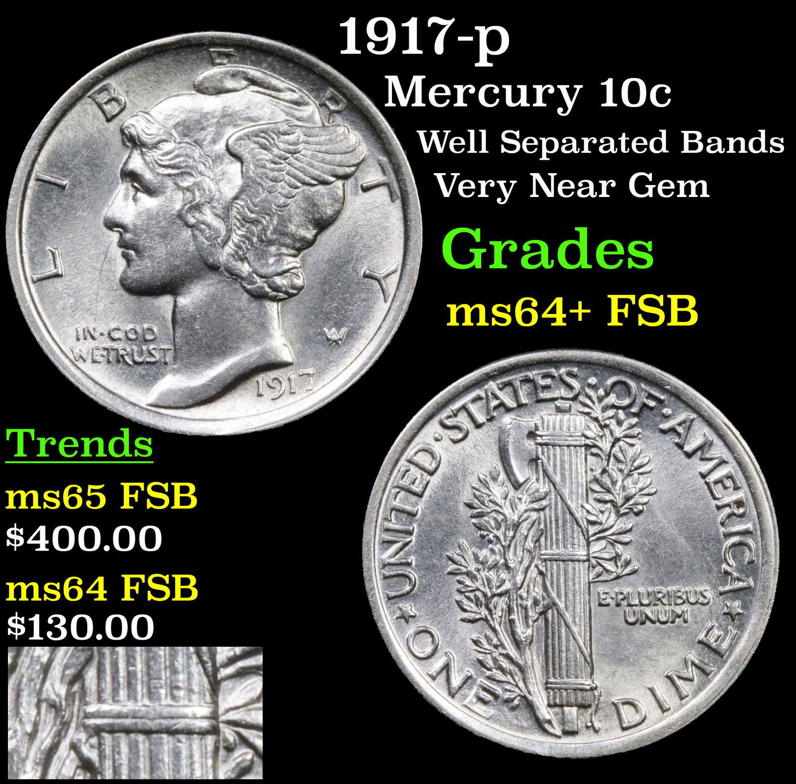 1917-p Mercury 10c Grades Choice Unc+ FSB (1 of 5)