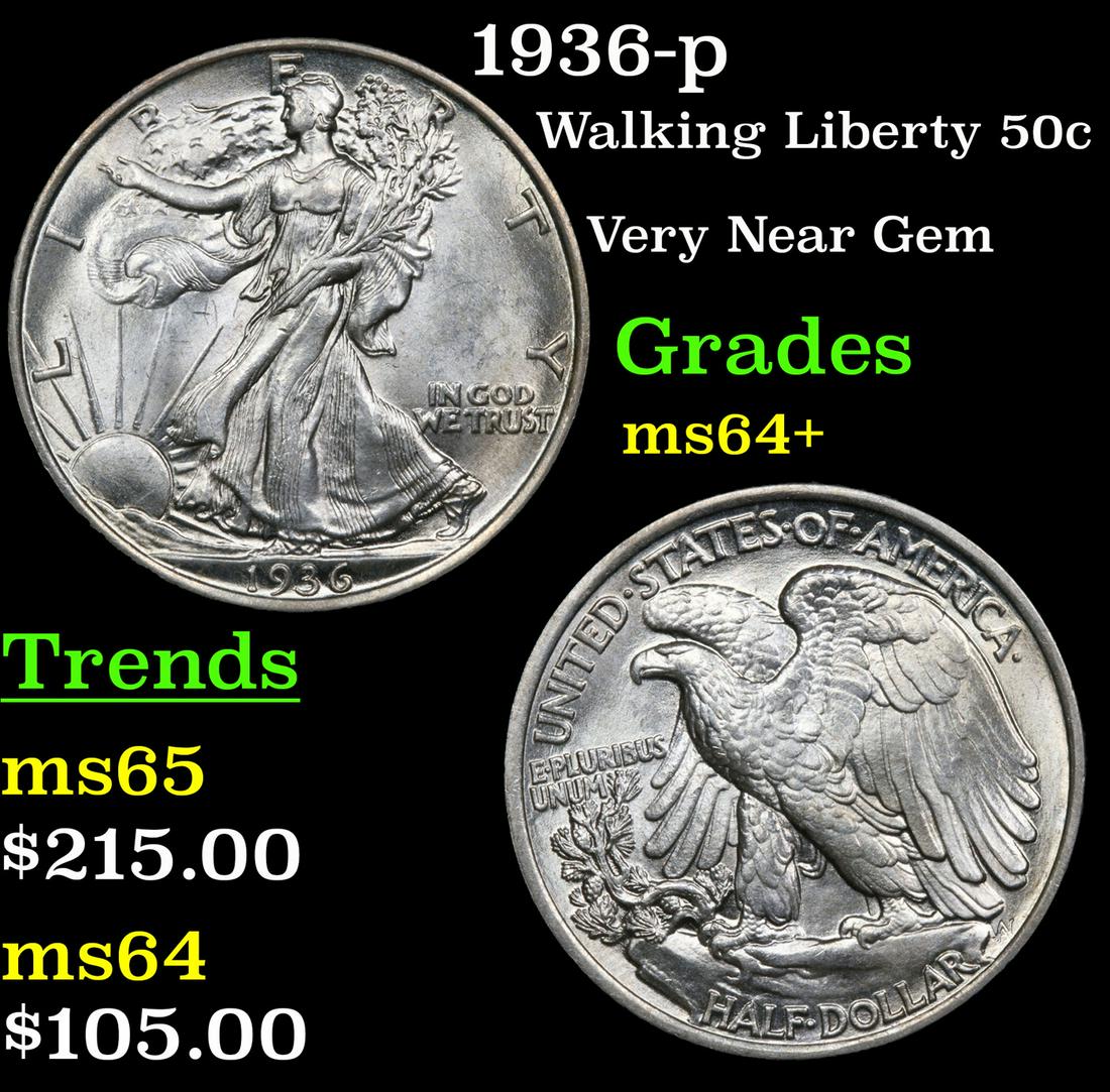 1936-p Walking Liberty Half Dollar 50c Grades Choice+ (1 of 3)