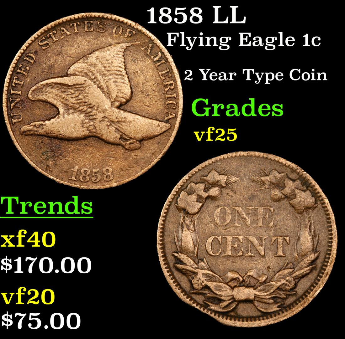 1858 LL Flying Eagle Cent 1c Grades vf+ (1 of 3)