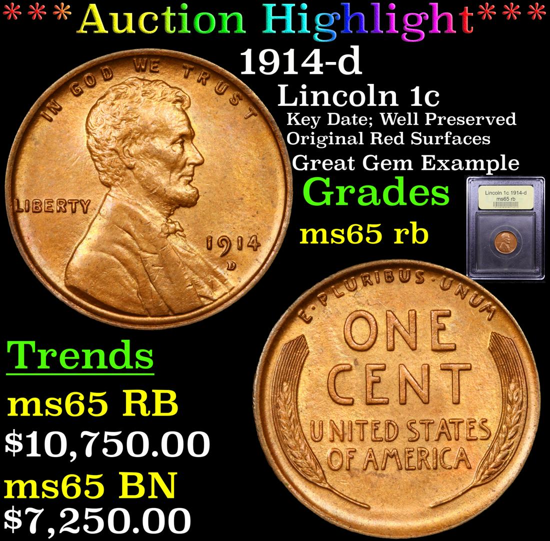 *Highlight* 1914-d Lincoln 1c Graded GEM Unc RB (1 of 5)