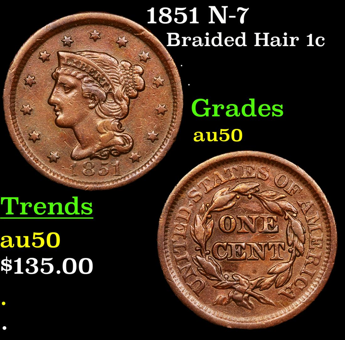 1851 N-7 Braided Hair 1c Grades AU, Almost Unc (1 of 3)