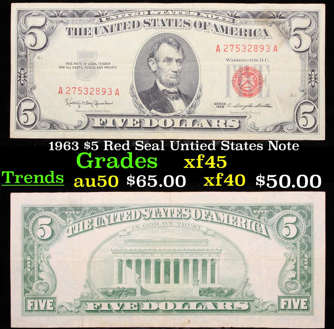 1963 $5 Red Seal Untied States Note xf+ (1 of 3)