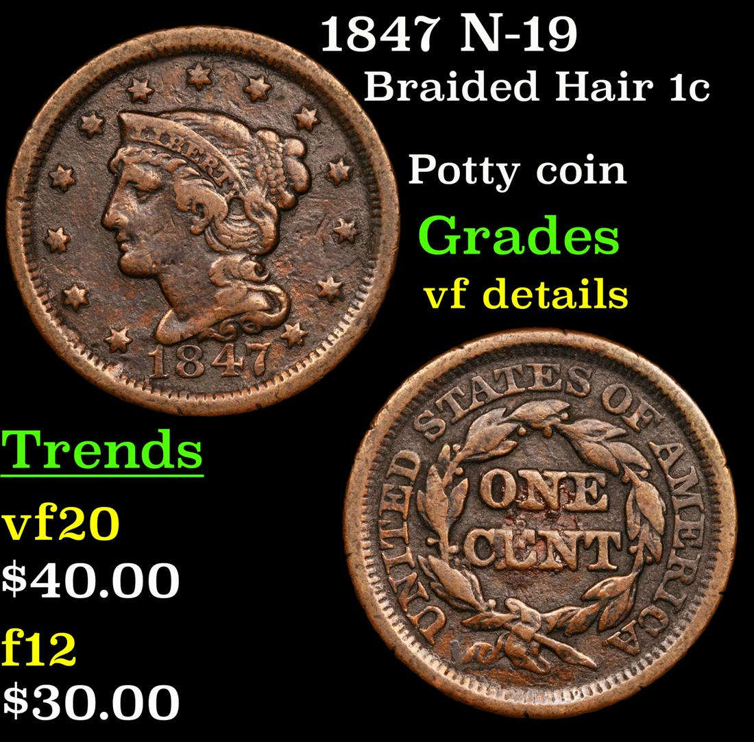 1847 N-19 Braided Hair 1c Grades vf details (1 of 3)