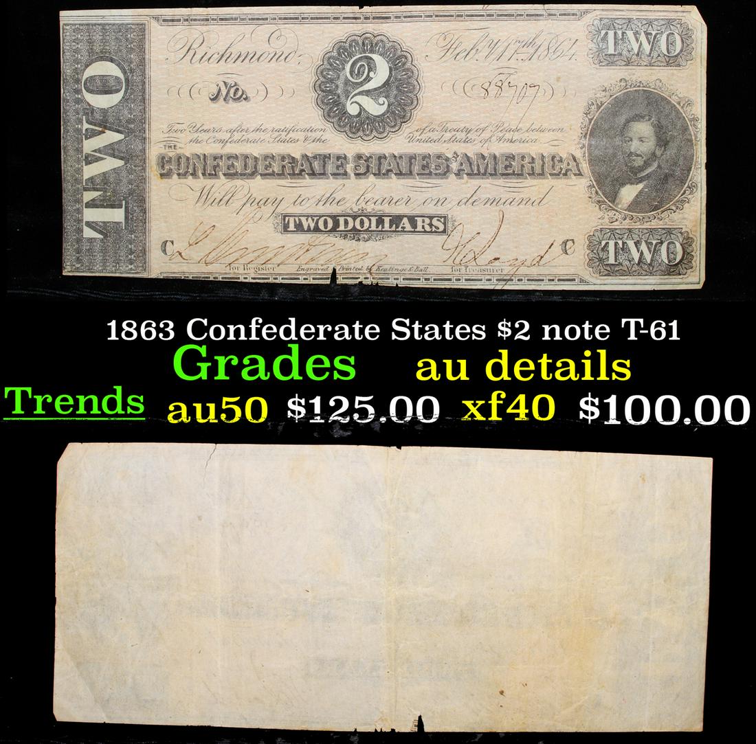 1863 Confederate States $2 note T-61 AU Details (1 of 3)