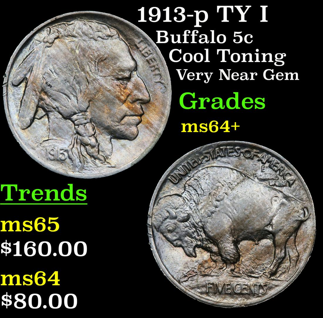1913-p TY I Buffalo 5c Grades Choice+ Unc (1 of 3)