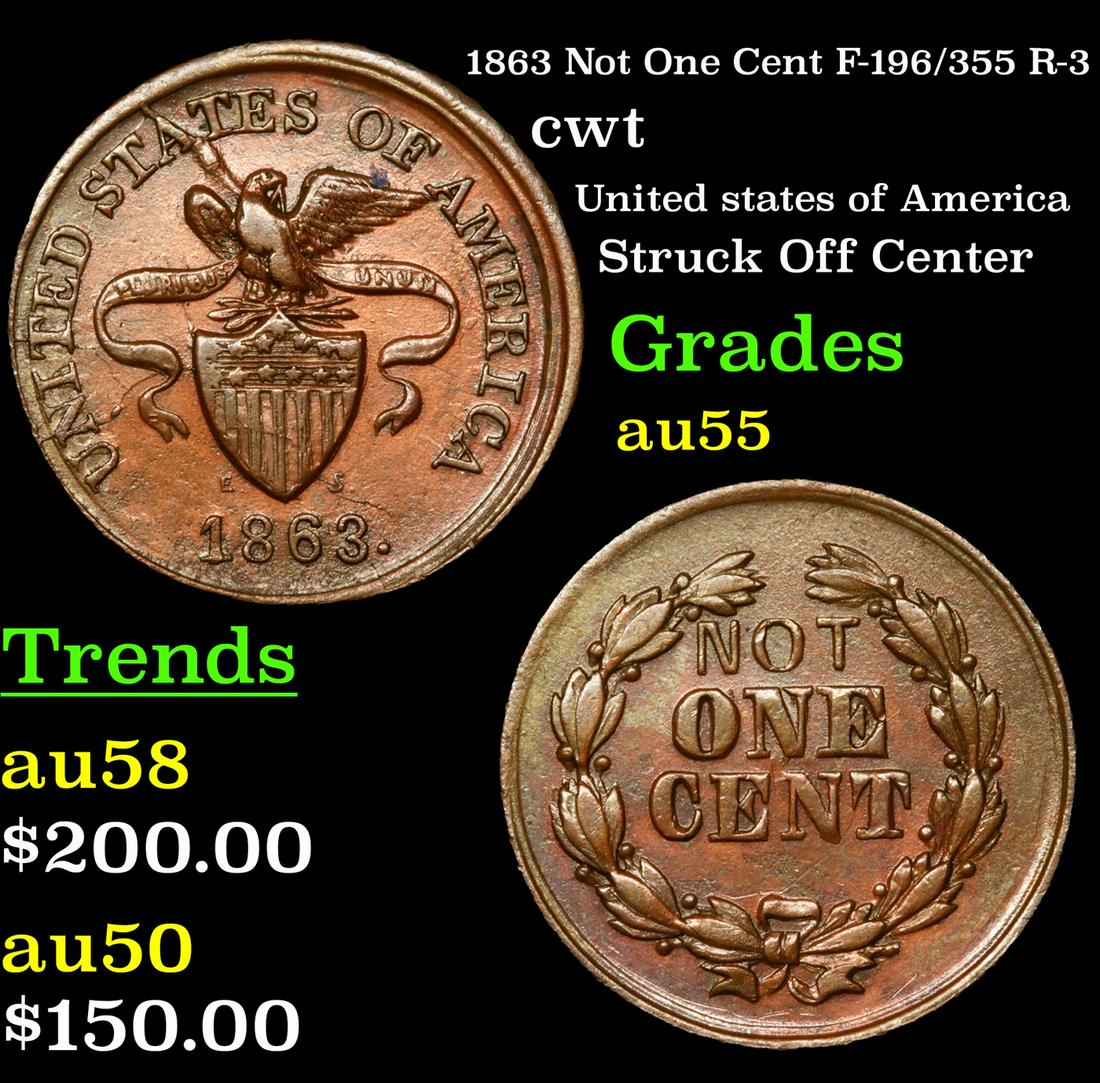 1863 Not One Cent F-196/355 R-3 cwt Grades Choice AU (1 of 3)