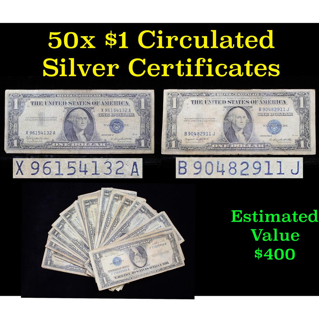 50X $1 Blue Seal Circulated Silver Certificates Various (1 of 6)