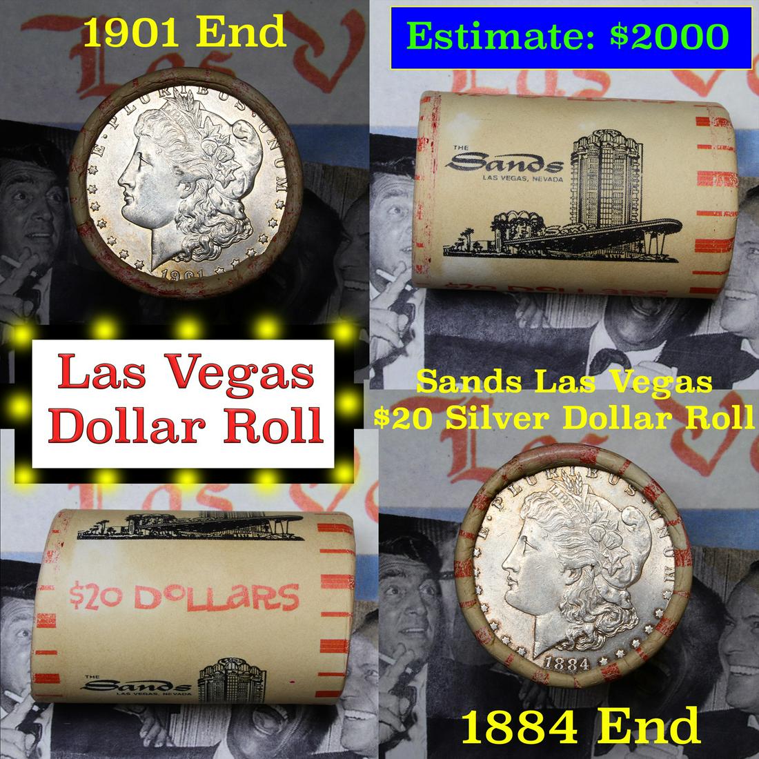 ***Auction Highlight*** Full Morgan/Peace Sands Hotel: ***Auction Highlight*** Full Morgan/Peace Sands Hotel silver $1 roll $20, 1884 & 1901 end. This roll is held in an old casino wrapper from the Sands Hotel and Casino in Las Vegas. This roll contains 2