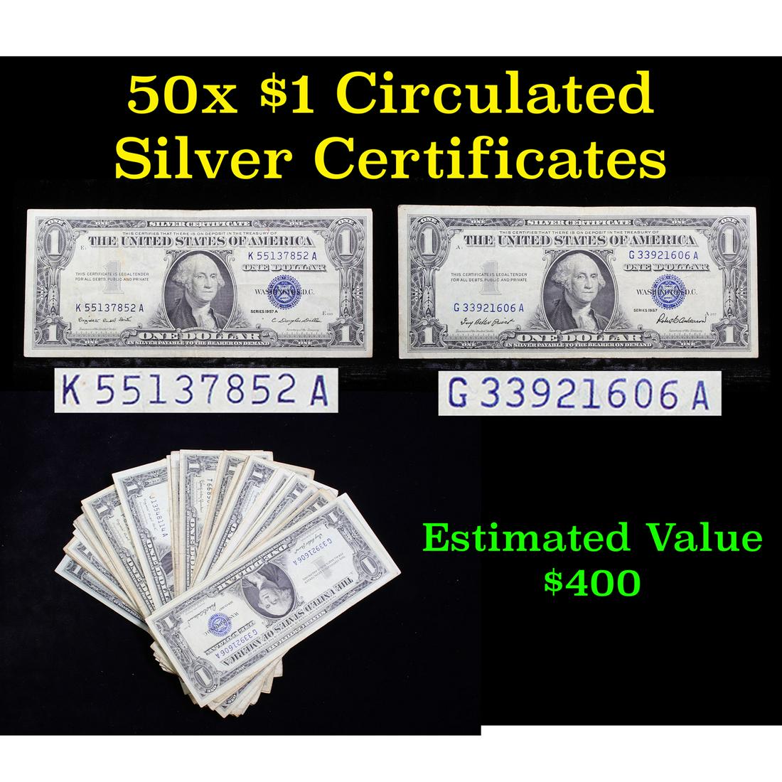 50X $1 Blue Seal Circulated Silver Certificates Various (1 of 6)