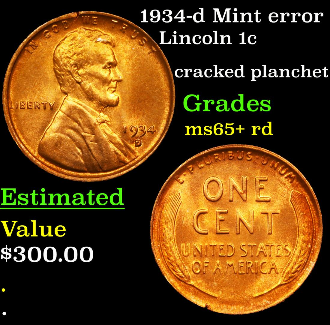 1934-d Mint error Lincoln Cent 1c Grades Gem+ Unc RD (1 of 3)