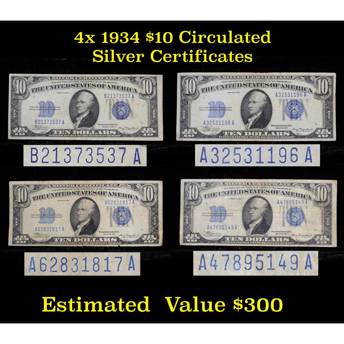 4x 1934 $10 Blue Seal Silver Certificate Circulated (1 of 9)
