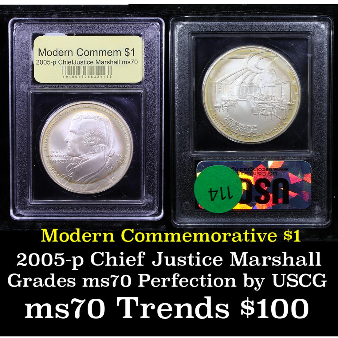 2005-p John Marshall Modern Commem Dollar $1 Graded: 2005-p John Marshall Modern Commem Dollar $1 Graded ms70, Perfection By USCG. Issued to commemorate the 250th anniversary of Chief Justice John Marshall's birth. The reverse depicts the old Supreme Co