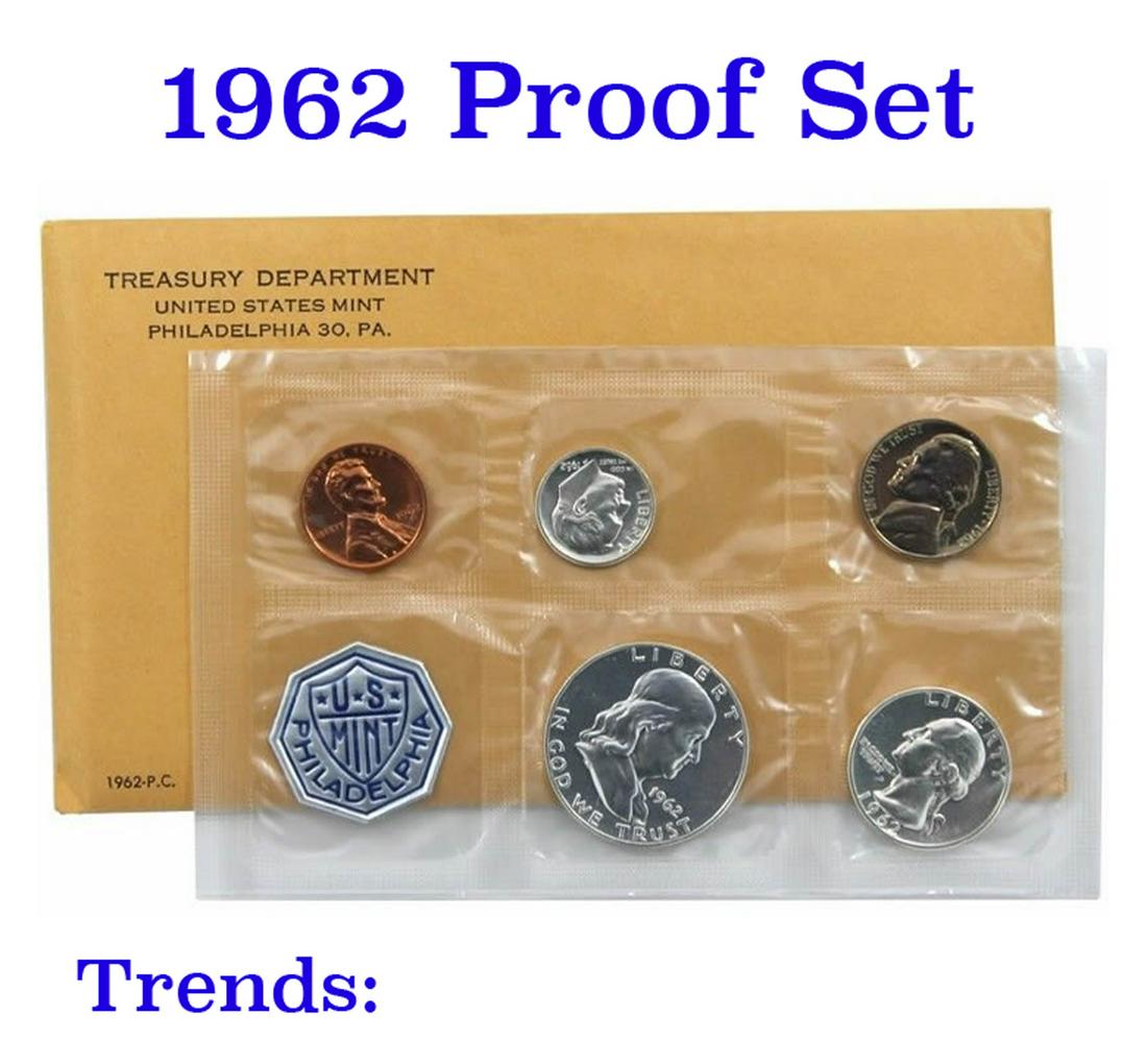 1962 Proof Set in original mint packaging: 1962 Proof Set in original mint packaging. This set contains a 90% Proof Silver Franklin Half Dollar, a 90% Proof Silver Quarter, a 90% Proof Silver Dime + the proof nickel and proof penny. All 5 coin