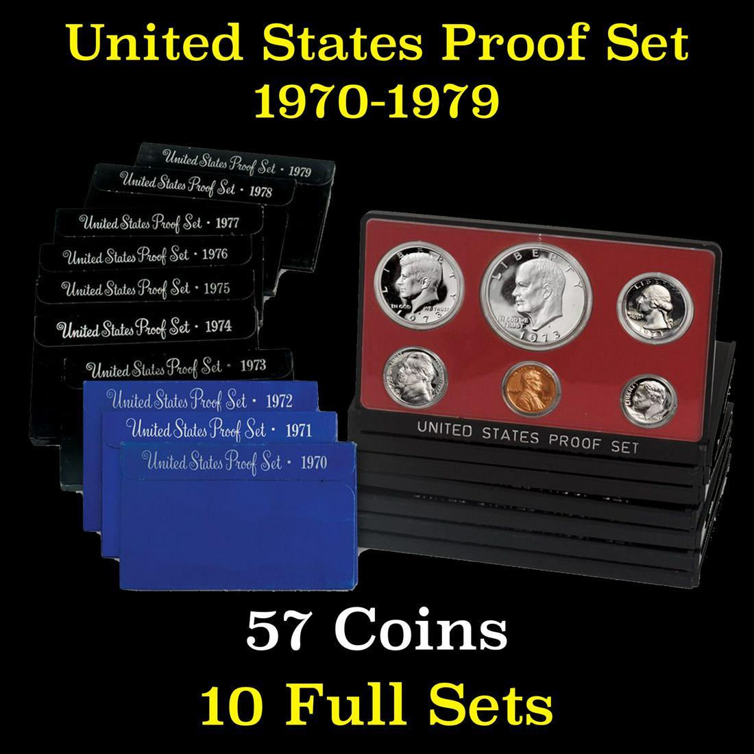Group of 10 United States Proof Sets 1970-1979 57 coins (1 of 11)