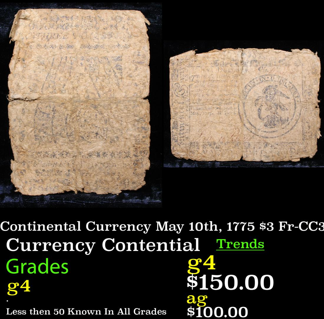 Continental Currency May 10th, 1775 $3 Fr-CC3 Grades g, (1 of 3)