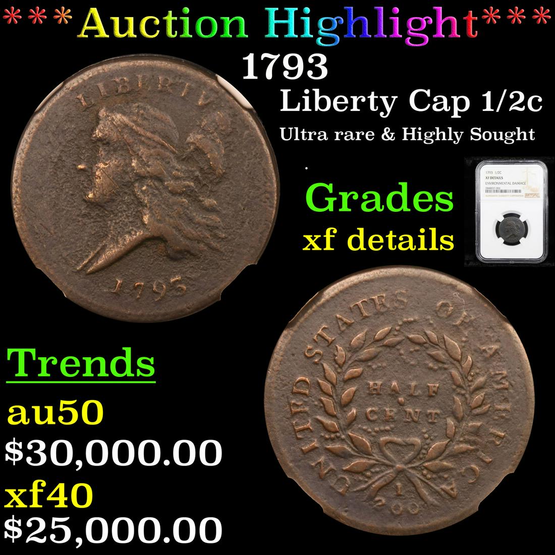 *Highlight* 1793 Liberty Cap 1/2c Graded xf details (1 of 5)