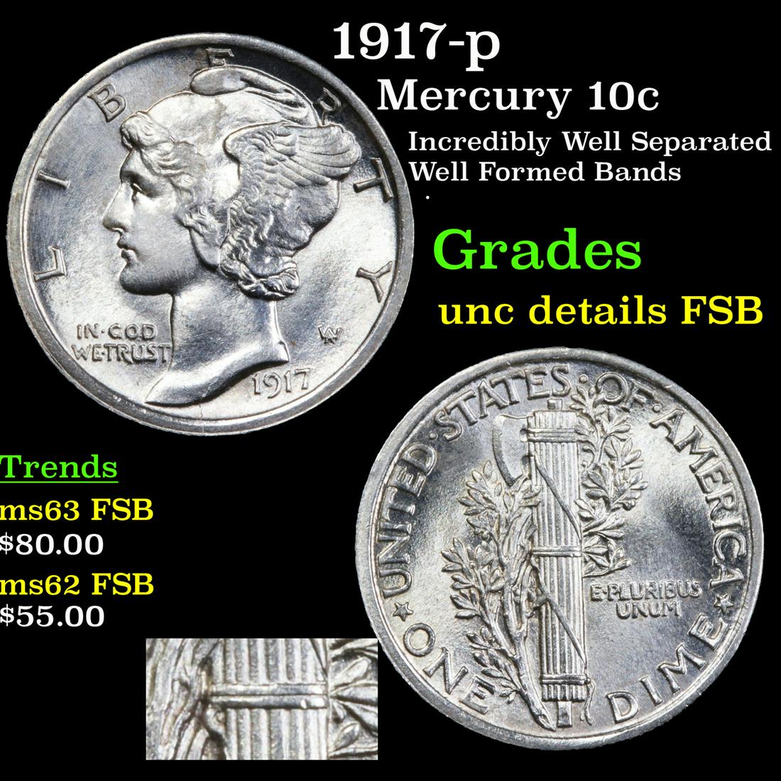 1917-p Mercury 10c Grades Unc Details FSB (1 of 5)