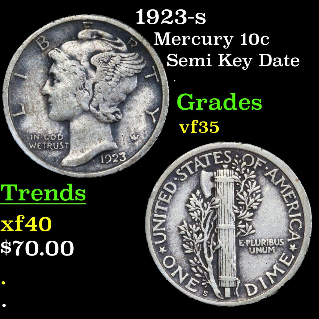 1923-s Mercury 10c Grades vf++ (1 of 3)