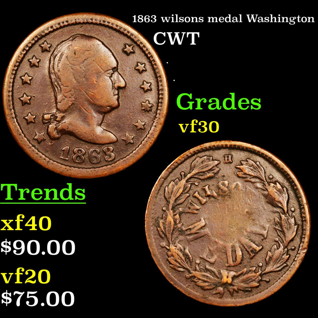 1863 wilsons medal Washington CWT Grades vf++: 1863 wilsons medal Washington Civil War Token 1c Grades vf++.