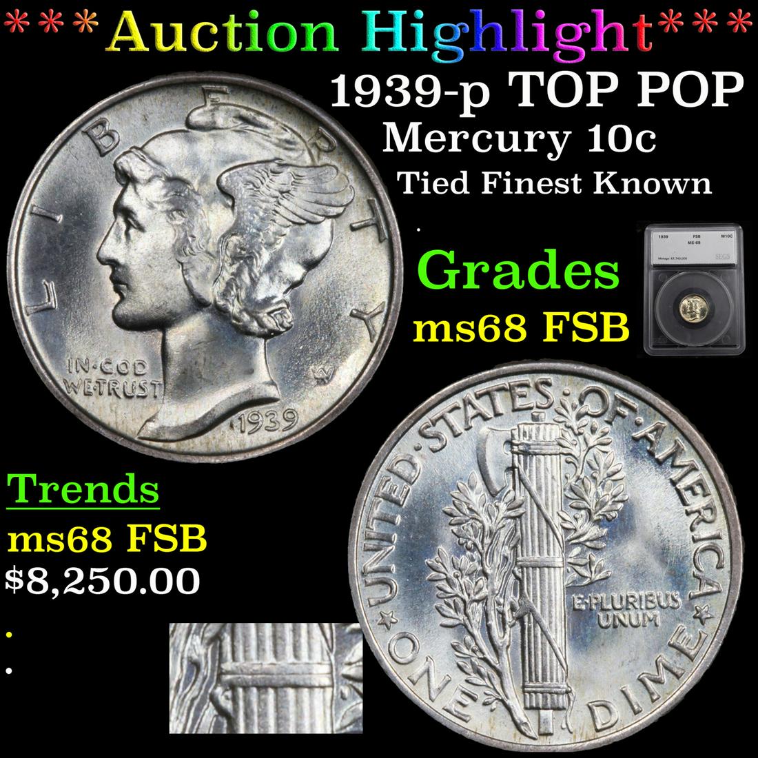 *Highlight* 1939-p TOP POP Mercury 10c Graded ms68 FSB (1 of 6)