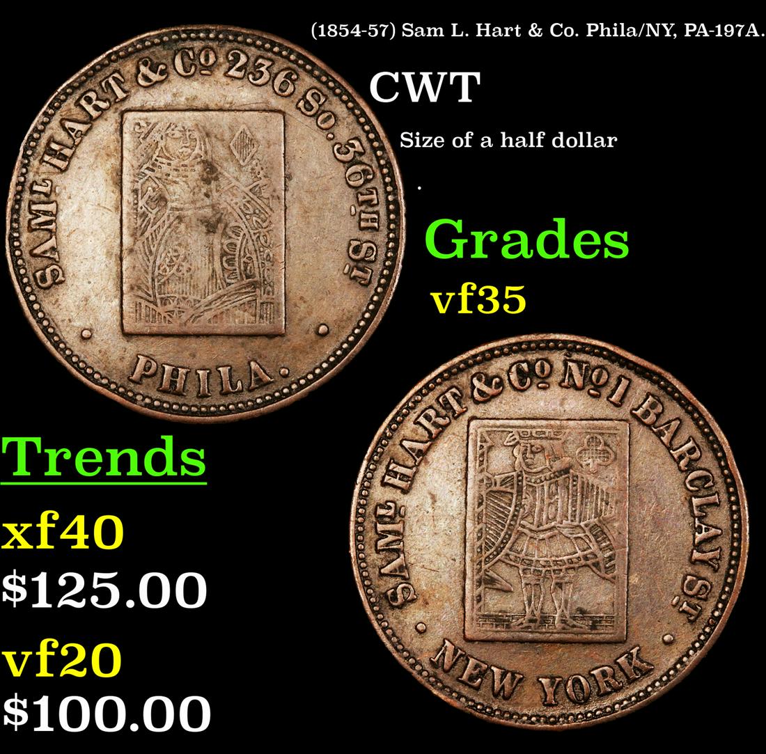 (1854-57) Sam L. Hart & Co. Phila/NY, PA-197A. Civil: (1854-57) Sam L. Hart & Co. Phila/NY, PA-197A. Civil War Token 1c Grades vf++.