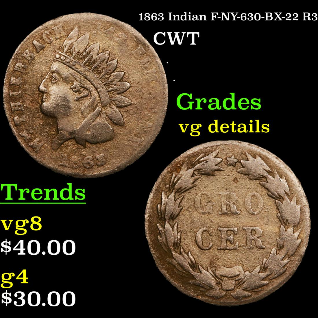 1863 Indian F-NY-630-BX-22 R3 CWT Grades vg details (1 of 3)