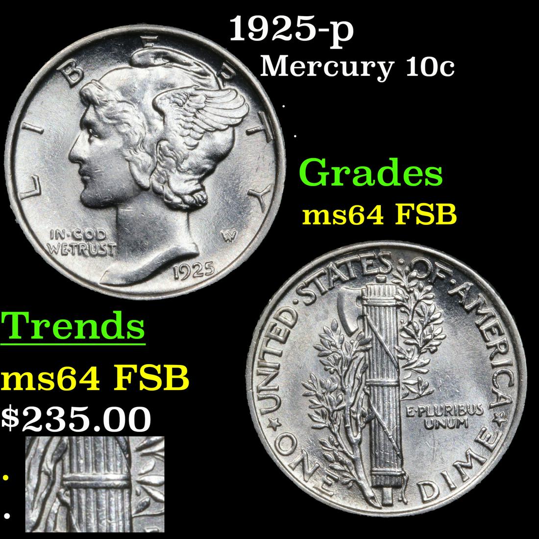 1925-p Mercury 10c Grades Choice Unc FSB (1 of 5)