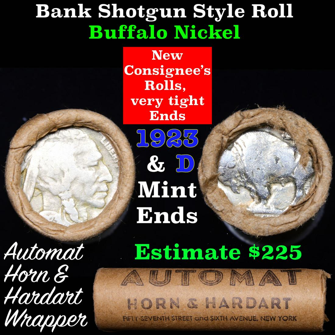 Buffalo Nickel Shotgun Roll in Old Bank Style 'Automat: Buffalo Nickel Shotgun Roll in Old Bank Style 'Automat Horn & Hardhat' Wrapper 1923 & d Mint Ends. The roll is held in an old, rare 'Automat Horn & Hardhat' Bank style wrapper. They are all frrom one