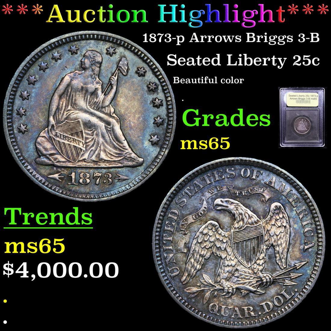 *Highlight* 1873-p Arrows Briggs 3-B Seated Liberty 25c (1 of 5)